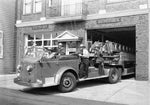 The Engine No. 3 fire crew on a 1950 American LaFrance leaving the station, 1950. Courtesy City of Portland Archives, A2001-083