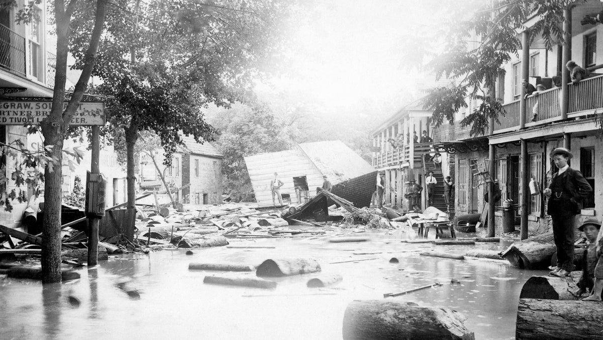 Shenandoah and High Streets in the aftermath of the Flood of 1889, Harpers Ferry. The flood was also known as “The Johnstown Flood” after the catastrophic failure of the South Fork Dam on the Little Conemaugh River. The dam broke after several days of extremely heavy rainfall. The flood killed 2,208 people. Billy and Diane (Dailey) McDonough