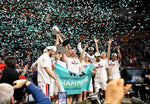 Gonzaga celebrates winning the West Coast Conference championship, March 10, 2020. Tyler Tjomsland / The Spokesman-Review