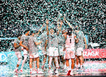 The Zags celebrate their West Coast Conference Tournament Championship win over BYU, March 9, 2021, at the Orleans Arena in Las Vegas. Colin Mulvany/The Spokesman-Review