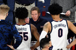 Gonzaga head coach Mark Few talks with players during a timeout in the second half, Jan. 7, 2021, in the McCarthey Athletic Center. Colin Mulvany / The Spokesman-Review