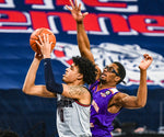 Gonzaga guard Julian Strawther beats Northwestern State forward Jamaure Gregg, Dec. 22, 2020, in the McCarthey Athletic Center. Dan Pelle/The Spokesman-Review