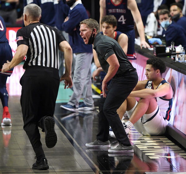 Gonzaga head coach Mark Few motivates the players on the court during the second half of a West Coast Conference semifinal NCAA college basketball game, March 8, 2021, at the Orleans Arena in Las Vegas. Colin Mulvany/The Spokesman-Review