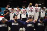 The Zags listen to the Star-Spangled Banner before their West Coast Conference semifinal NCAA college basketball game with St. Mary’s, March 8, 2021, at the Orleans Arena in Las Vegas. Colin Mulvany/The Spokesman-Review