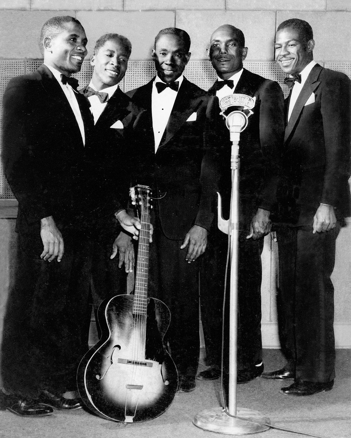 The Invincible Gospel Singers, circa 1939. They performed for broadcast every Sunday morning. From left: George Gibson, Leo Stoney, James Simmons, Charles Johnson, Morris Allen. Courtesy Bettye Stoney Allen