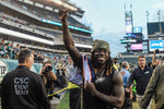Jay Ajayi acknowledges the fans at Lincoln Financial Field after rushing for 77 yards and a touchdown in his Eagles debut. Courtesy Clem Murray / Staff Photographer