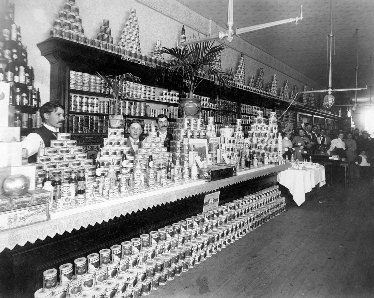 Interior view of The Bee Hive Grocery, 115 West Third Street, Grand Island, 1897. The store was owned by Oscar Roeser. Courtesy Stuhr Museum of the Prairie Pioneer