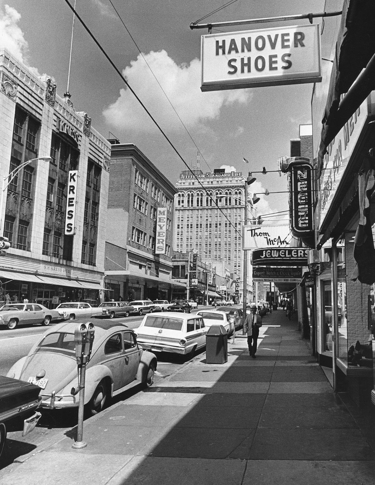 South Elm Street, April 1969. Visible businesses include S. H. Kress and Co. and Hanover Shoes. Courtesy The News & Record