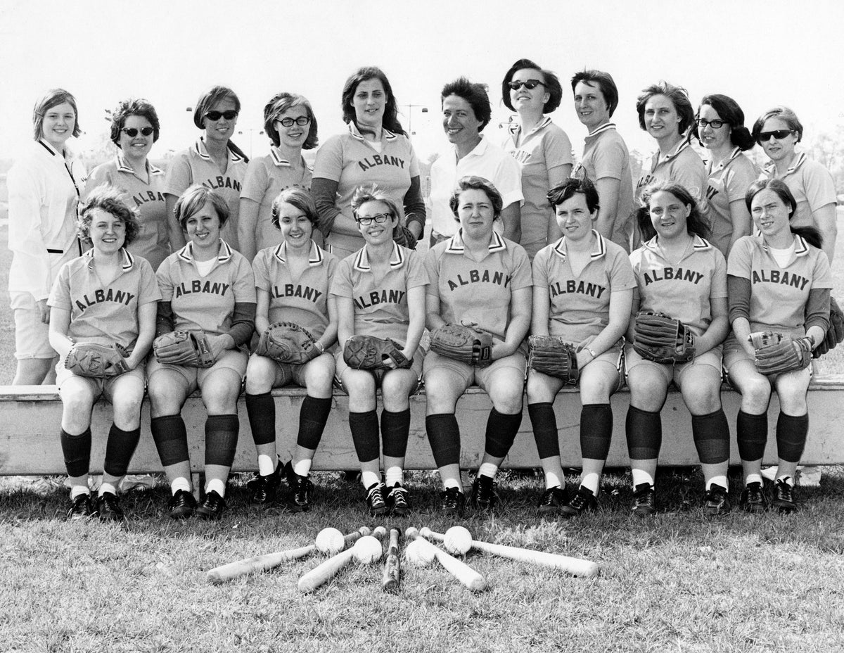 Women’s softball team at University at Albany, SUNY 1968–69 academic year. Courtesy M.E. Grenander Department of Special Collections & Archives, University at Albany, SUNY