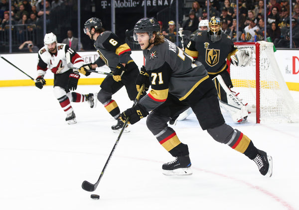 Golden Knights center William Karlsson (71) skates up the ice with the puck during the second period of an NHL hockey game against the Arizona Coyotes at T-Mobile Arena in Las Vegas on Wednesday, March 28, 2018. Courtesy Chase Stevens/Las Vegas Review-Journal