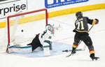 Golden Knights center William Karlsson (71) scores against San Jose Sharks goaltender Martin Jones (31) during the third period of an NHL hockey game at T-Mobile Arena in Las Vegas on Saturday, March 31, 2018. Courtesy Chase Stevens/Las Vegas Review-Journal