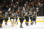 Vegas Golden Knights players celebrate after defeating the Arizona Coyotes 5-2 in an NHL hockey game at T-Mobile Arena in Las Vegas on Tuesday, Oct. 10, 2017. Courtesy Chase Stevens/Las Vegas Review-Journal