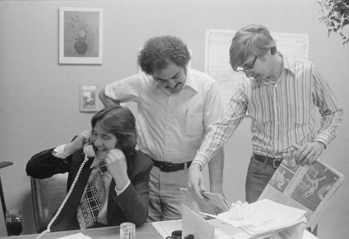 Bruce Bronzan District Three Supervisor campaign office, June 5, 1976. From left: Jim Costa, Alan Yengoyan, and Max Cheeseman. Courtesy Howard Watkins