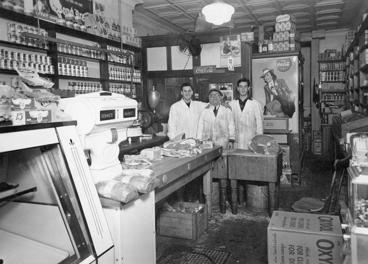 Interior of Bonner Market butcher shop, corner of Zion and Bonner Streets, Hartford, circa 1938. From left: Frank A. DiFabio, Vincenzo DiFabio (father), and Anthony F. DiFabio. Courtesy Anthony DiFabio
