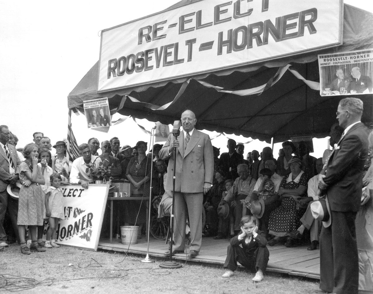 Gov. Henry Horner giving his re-election speech, 1936. Courtesy of the McLean County Museum of History, Pantagraph Collection