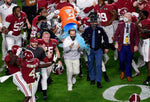 Alabama Crimson Tide head coach Nick Saban gets dunked with Gatorade after defeating the Ohio State Buckeyes in the 2021 College Football Playoff National Championship Game. Douglas DeFelice / USA TODAY Sports