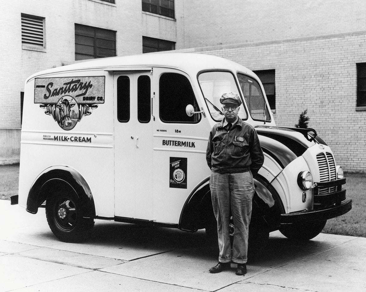 Sanitary Dairy employee Joseph F. Kinley with his delivery truck, circa 1950. Courtesy James P. Kinley