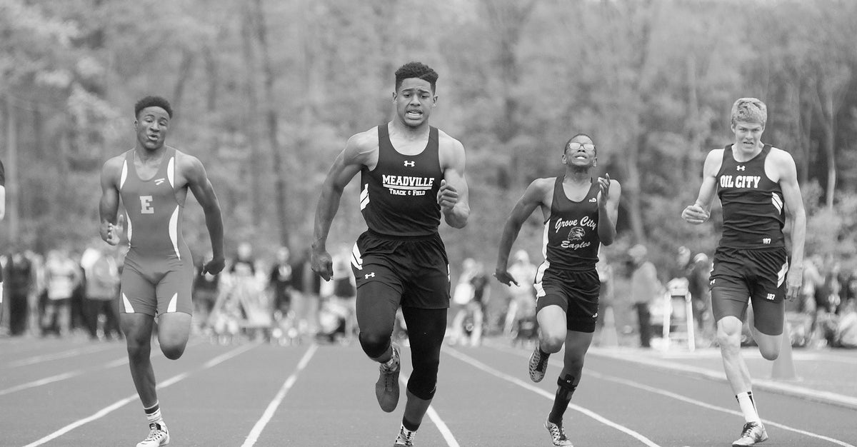MASH's Journey Brown, second from left, smoking the competition to top the medal stand at the PIAA Class AAA state championships in 2016, where he won the 100-meter dash with a time of 10.73 seconds to give the Bulldogs track program its first state champ since Kyle Waite in 1993. Courtesy Meadville Tribune
