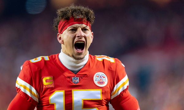 Kansas City Chiefs quarterback Patrick Mahomes (15) screams before the AFC Championship NFL football game against the Cincinnati Bengals at GEHA Field at Arrowhead Stadium on Sunday, Jan. 29, 2023, in Kansas City. (Nick Wagner/The Kansas City Star)