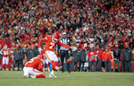 Kansas City Chiefs place kicker Harrison Butker (7) kicks the game-winning field goal to defeat the Cincinnati Bengals 23-20 in the AFC Championship NFL football game at GEHA Field at Arrowhead Stadium on Sunday, Jan. 29, 2023, in Kansas City. (Nick Wagner/The Kansas City Star)