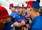 Stephen Villines was mobbed by teammates after becoming the all-time save leader at KU during the 2017 season.