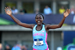 Sharon Lokedi joyfully crossed the finish line to win the 10,000-meter national title during the 2018 NCAA Outdoor Track & Field Championships at the University of Oregon’s Hayward Field in Eugene.