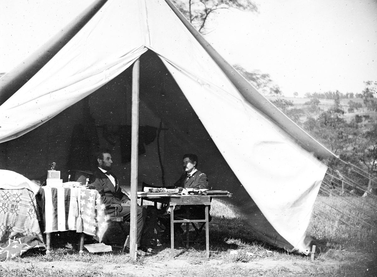 President Abraham Lincoln meets with Gen. George B. McClellan in his tent after the bloody Union victory at Antietam. The president urged McClellan to pursue the rebel army, but he declined and was removed from command on Nov. 6, 1862. Library of Congress, Prints & Photographs Division, LC-DIG-cwpb-01131