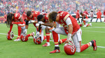 Mahomes, right, kneels to pray with teammates, from left, Terrance Smith, Eric Fisher and Damien Williams before an Oct. 7, 2018, game against the Jacksonville Jaguars at Arrowhead Stadium.  Kansas City Star