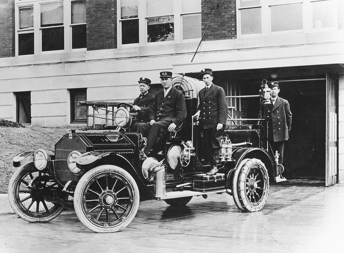 Laurel Fire Department truck in front of City Hall in the early 1900s. Ed Greene is the driver. Also included in the photo are Chief Garner Goodwin, T. Waine Walters and Jack Valentine.