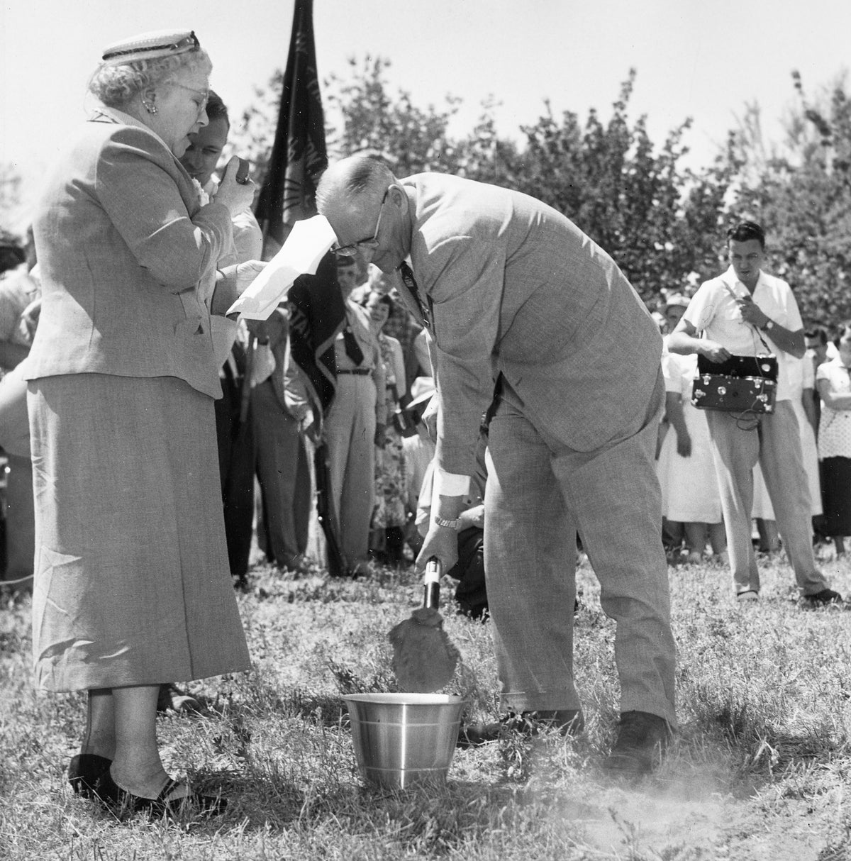 Mrs. Lena Provost (left) president of the hospital and George Nelson (right) at the Tri-State Hospital Ground Breaking, May 25,1954. Courtesy Lewiston Morning Tribune