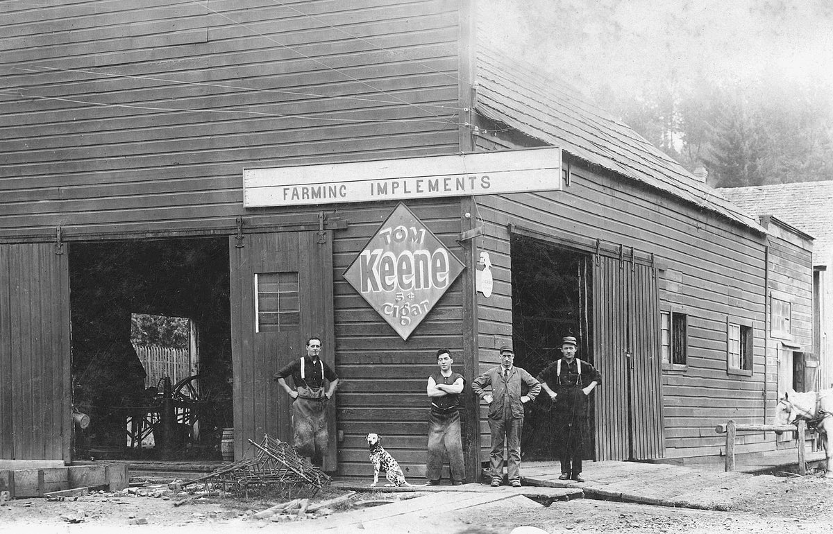 Men outside a Brownsville farm implement shop with a dog, circa 1910. Courtesy Linn County Historical Museum