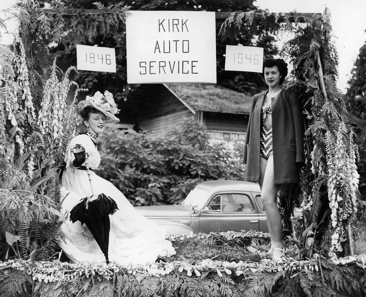 Kirk Auto Service float at the 100-year anniversary Pioneer Picnic in Brownsville, 1946. Yvonne “Muffy” Estey is on the left. Courtesy Debbi Legassie