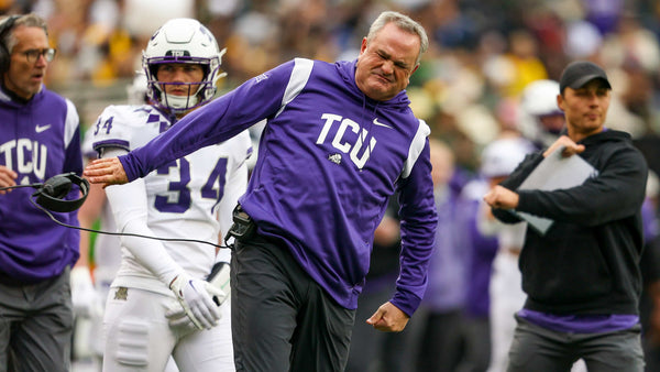 TCU head coach Sonny Dykes throws a headset after a referee’s call during their game against Baylor at McLane Stadium in Waco on Nov. 19, 2022. (Madeleine Cook / Fort Worth Star-Telegram)