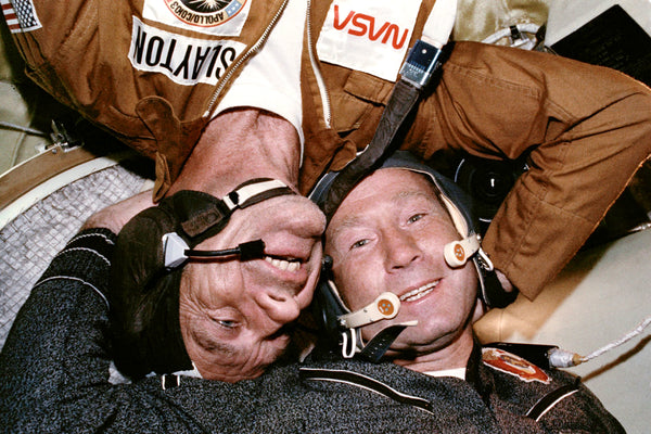 Astronaut Donald Slayton and cosmonaut Aleksey Leonov in the Soyuz orbital module during the joint U.S.-USSR Apollo-Soyuz Test Project docking in Earth orbit mission, July 1975. CourtesyNASA
