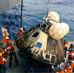 The Apollo 13 Command Module is hoisted aboard the USS Iwo Jima. April 17, 1970. CourtesyNASA