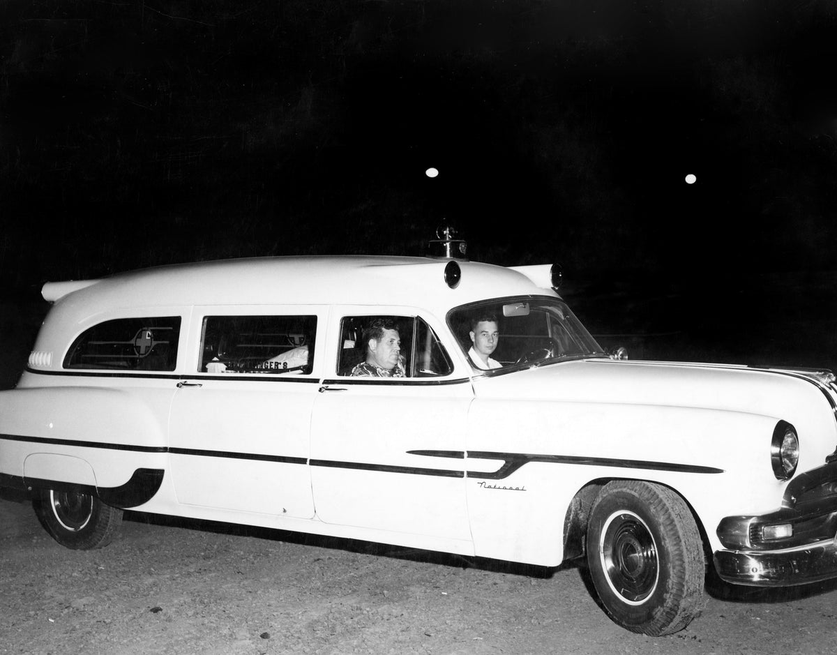 Brintlinger's Funeral Home's 1953 National Pontiac ambulance on stand-by at Macon Speedway, August 15, 1955. Courtesy Dan H. Brintlinger