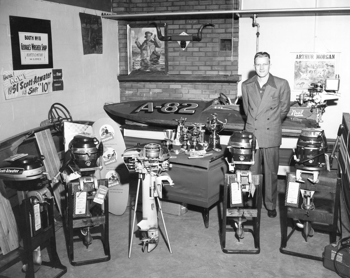George Yeakley at the Spring Boat and Sports Show, which sold boats that were used in the Memorial Day boat races, 1951. Courtesy Don Yeakley