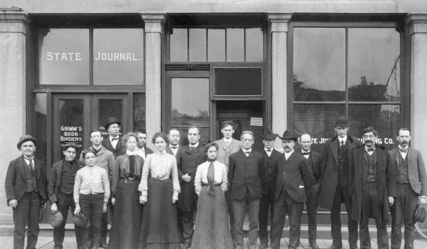 Wisconsin State Journal staff at the office on East Washington Avenue, circa 1900. Wisconsin State Journal