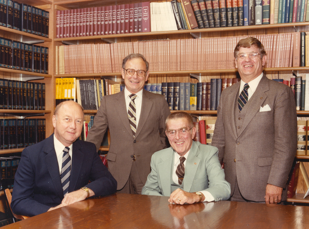 Group portrait of four former Manchester Mayors showing support for revision of City Charter in 1982. From left: John C. Mongan (1968-1969); Emile D. Beaulieu (1982-1983) Charles R. Stanton (1970- 1971 & 1975-1981); and Sylvio Dupuis (1972-1975). Courtesy Manchester Historic Association