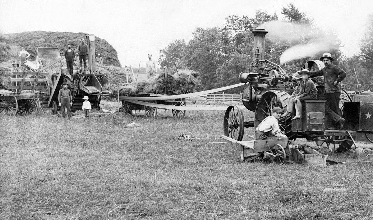 A threshing crew at Quiggle Farm north of Amboy, circa 1895. Included in the photograph are Nick Scherer and Nathan Day. Courtesy Blue Earth County Historical Society