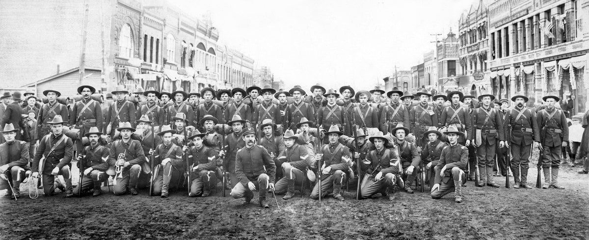 Company A, Second Regiment, Wisconsin National Guard, on Central Avenue before departing for service in the Spanish American War, April 28, 1898. Courtesy North Wood County Historical Society / #M101.05.03