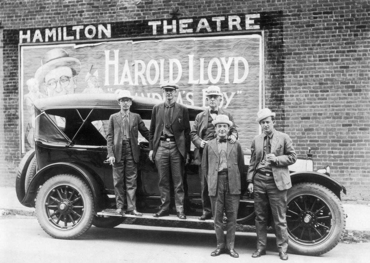 Group in front of the Hamilton Theatre in Martinsville, circa 1920. Gene Fulcher, longtime resident of Martinsville and former justice of the peace, is on the far left. COURTESY BASSETT HISTORICAL CENTER