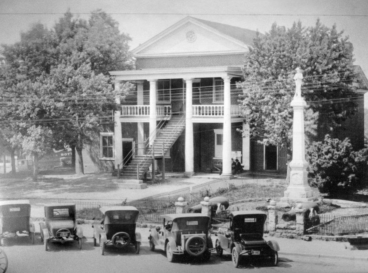 Henry County Courthouse in Martinsville, 1920s. Martinsville was established as the seat of Henry County in 1791. The Henry County Courthouse was built in 1793 using logs, and replaced with a brick structure in 1824. This building, remodeled in 1929, is now the home of the Martinsville-Henry County Historical Society. COURTESY BASSETT HISTORICAL CENTER