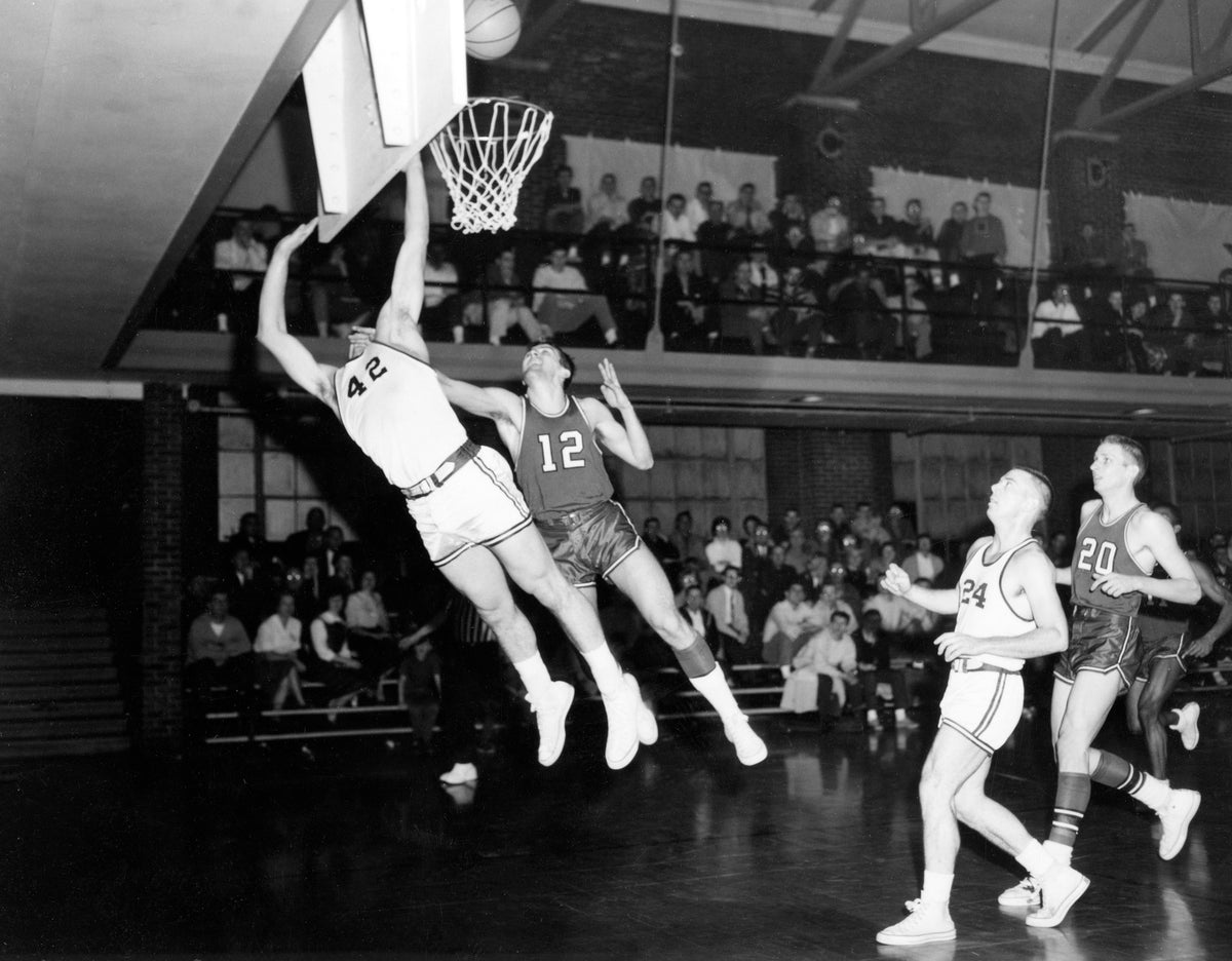 A mid-air collision at an Illinois Wesleyan University basketball game, circa 1963. Courtesy Tate Archives & Special Collections, The Ames Library, Illinois Wesleyan University, Bloomington, Illinois
