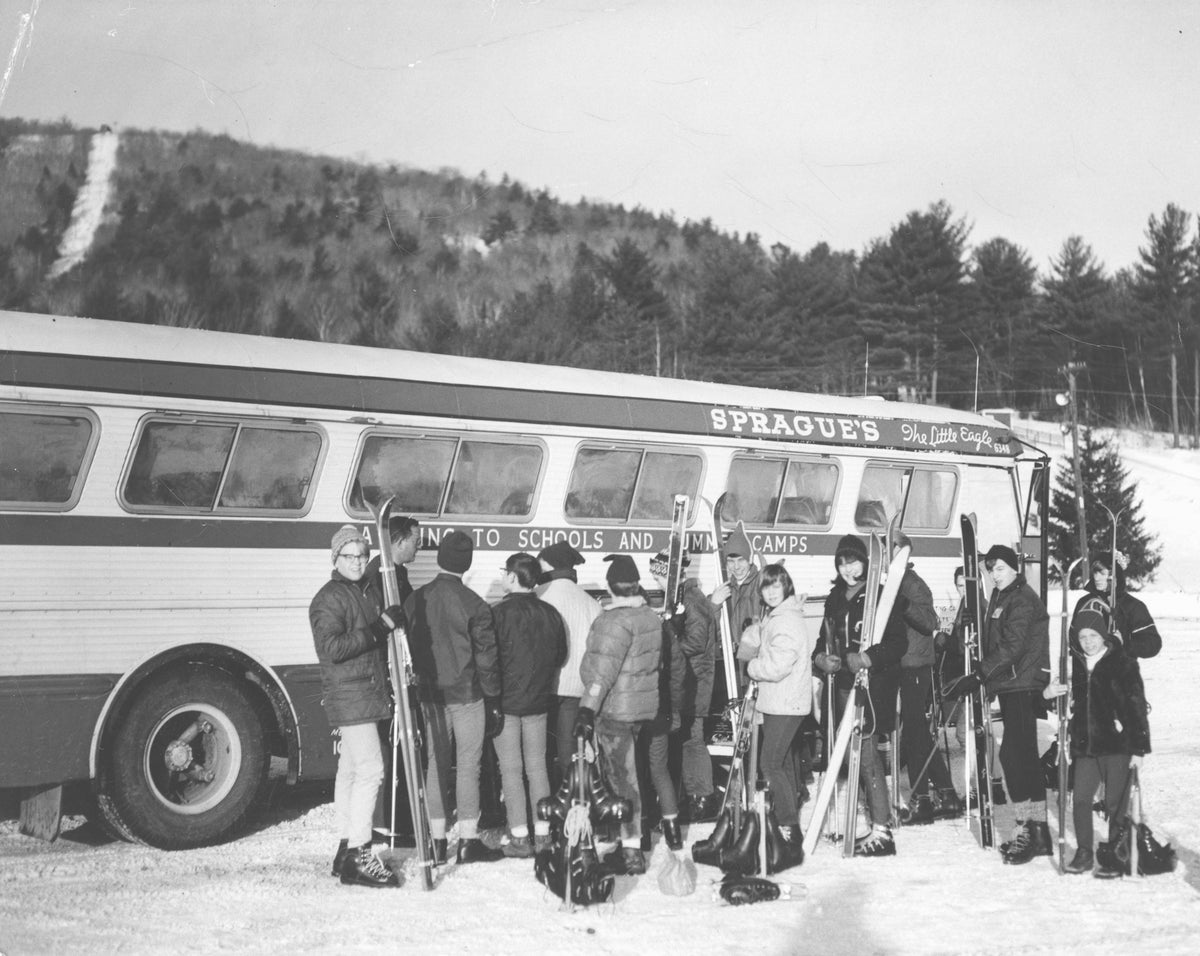 Brad Sprague’s bus service transporting Inter-Lakes students to and from Gunstock Ski Area in Gilford, circa 1960s. Ann Sprague