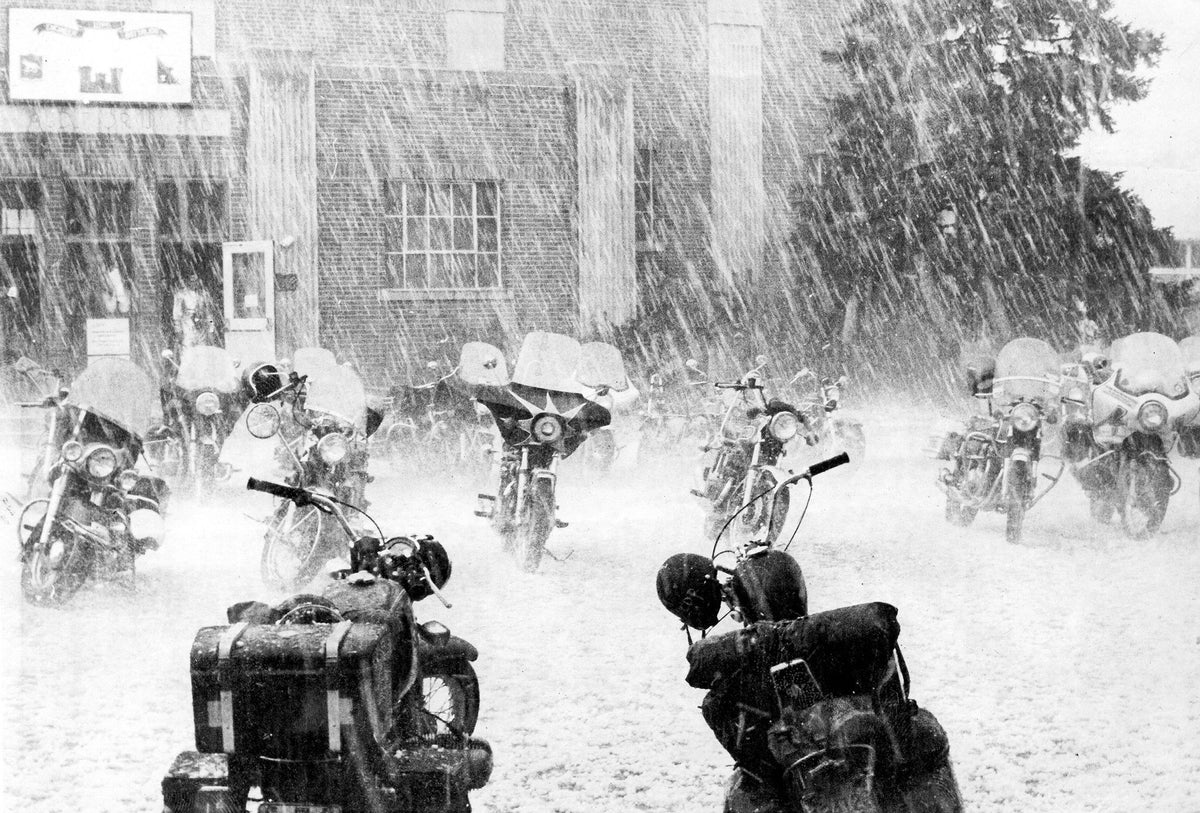 Heavy rains pelt bikes on Main Street in Sturgis during the 1984 rally.
