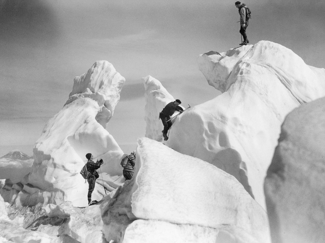 Wy’East Climbers on a serac, a block or column of ice, on Eliot Glacier, on Mount Hood’s northeastern slopes, September 18, 1932. Courtesy Mazamas / #VM1994.004.017