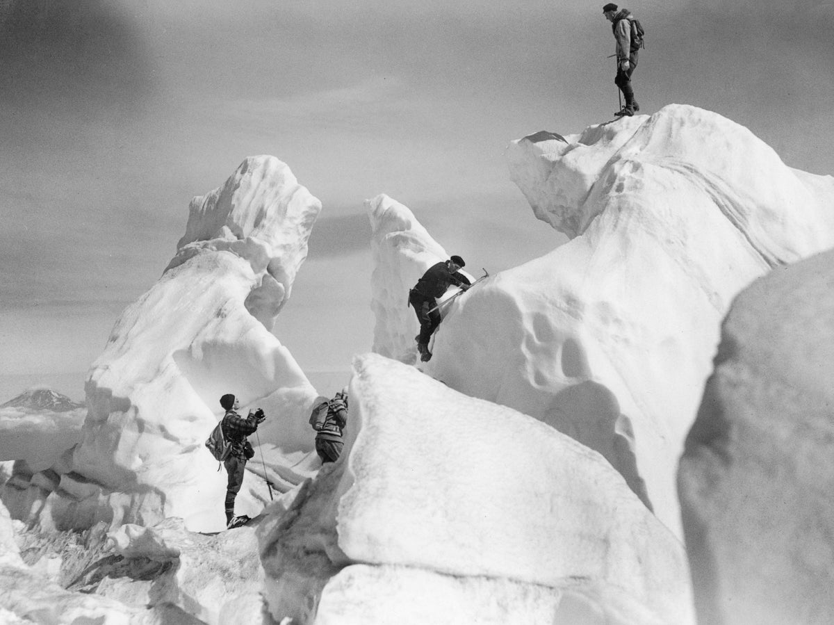Wy’East Climbers on a serac, a block or column of ice, on Eliot Glacier, on Mount Hood’s northeastern slopes, September 18, 1932. Courtesy Mazamas / #VM1994.004.017