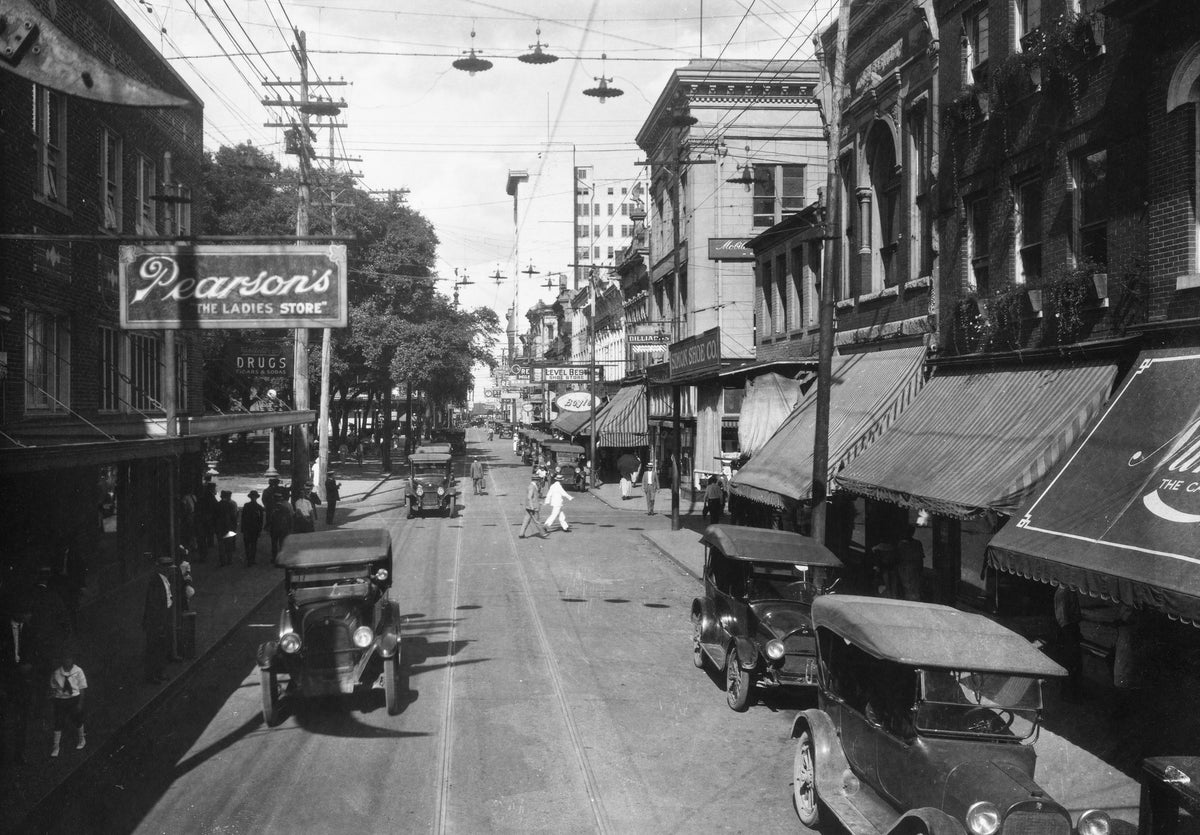 A view of Mobile's Dauphin Street looking east toward Bienville Square in the 1920s.