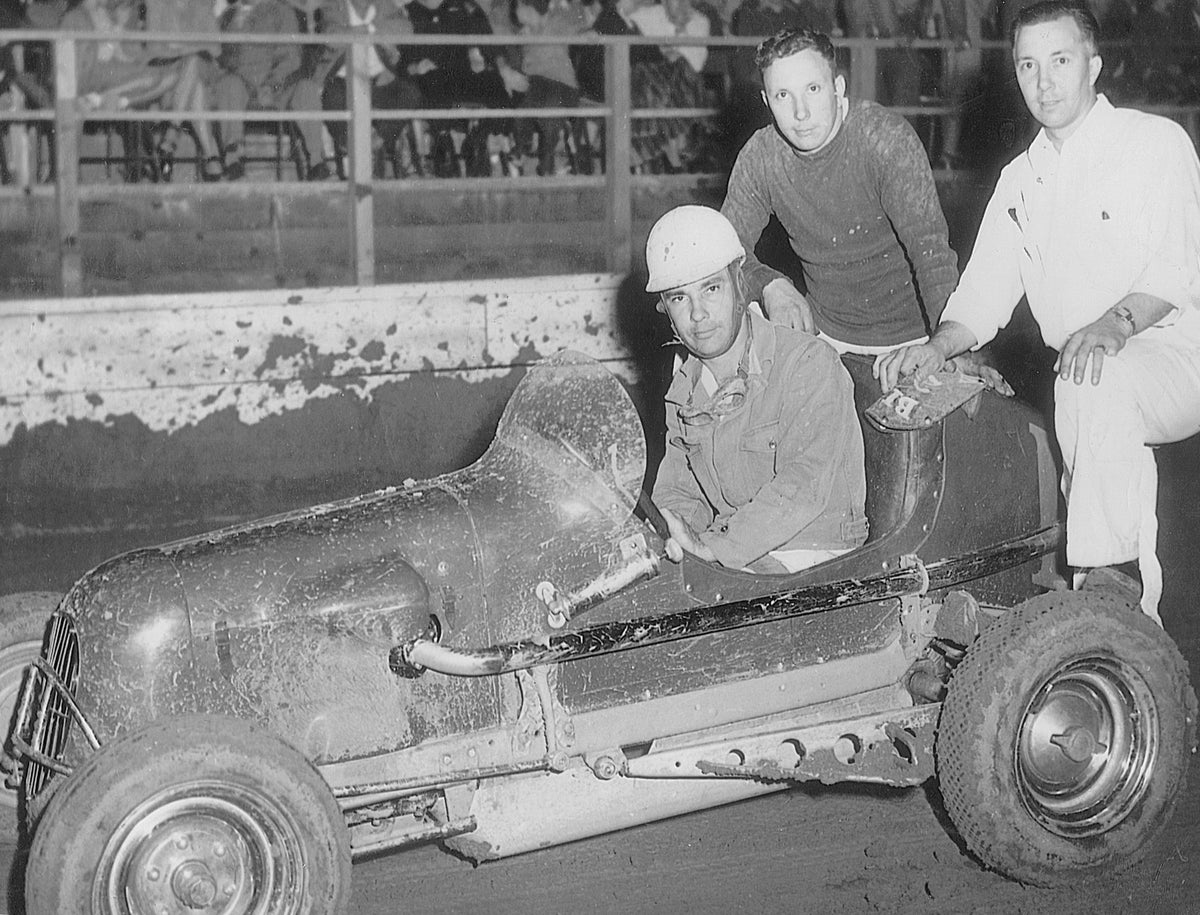 The Vukovich brothers, early 1950s. From left are Bill, Eli, and Mike. Bill was a successful racer who won the Indianapolis 500 in 1953 and 1954 before having his life taken during the 1955 race. Eli was a well-known local mechanic and Mike a local business owner. Courtesy The Fresno Bee